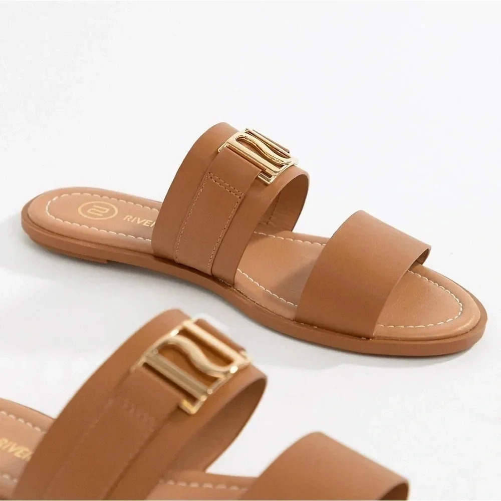 ASOS sandals River Island Double Strap Sliders slides flats brown nude gold - Picture 2 of 6